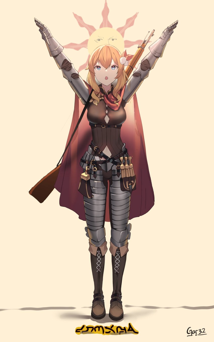 1girl absurdres armor blonde_hair blue_eyes bolt_action boots breasts cape clothing_cutout commentary commission dark_souls_(series) dark_souls_i english_commentary full_body gar32 gauntlets girls&#039;_frontline gun hair_ornament highres knee_boots long_hair mosin-nagant mosin-nagant_(blade_of_white_steel)_(girls&#039;_frontline) mosin-nagant_(girls&#039;_frontline) navel_cutout official_alternate_costume open_mouth plate_armor praise_the_sun red_cape rifle simple_background solo standing weapon