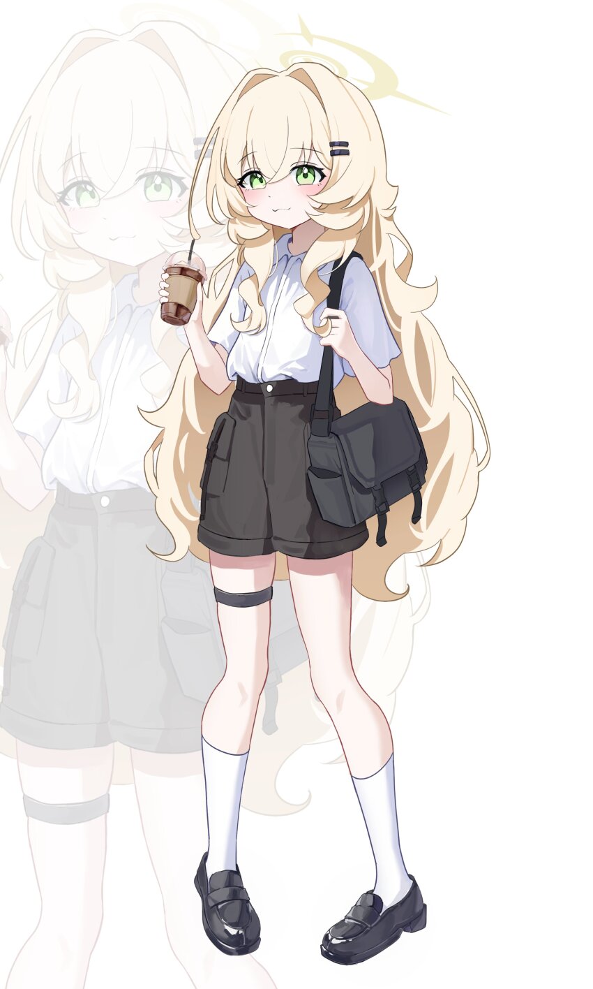 1girl absurdres alternate_costume black_shorts blonde_hair blue_archive green_eyes hair_between_eyes halo highres long_hair professor_niyaniya_(blue_archive) school_uniform shirt shorts simple_background socks solo swrg1006 thigh_strap white_background white_shirt white_socks yellow_halo