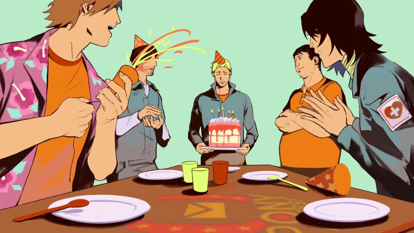 1girl 4boys anya_(mouthwashing) aqua_background birthday_cake blonde_hair blue_jumpsuit brown_hair cake candle clapping closed_eyes commentary confetti convenient_censoring cowboy_shot cup curly_(mouthwashing) curly_(pre-crash)_(mouthwashing) daisuke_(mouthwashing) facial_hair floral_print food hat hibiscus_print highres holding holding_plate jimmy_(mouthwashing) jumpsuit long_sleeves looking_at_another mouthwashing multiple_boys open_clothes open_shirt orange_shirt party_hat party_horn pink_shirt plate shirt short_sleeves simple_background smile spoon stubble swansea_(mouthwashing) table unworn_hat unworn_headwear xmjlwhy4i5ejkod