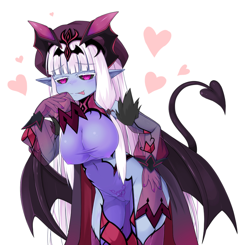 1girl black_sclera blue_skin breasts cameltoe cleft_of_venus colored_sclera colored_skin demon_(monster_girl_encyclopedia) demon_girl demon_horns demon_tail demon_wings dress highres horns large_breasts licking_lips looking_at_viewer monster_girl_encyclopedia monster_girl_encyclopedia_ii original pubic_tattoo purple_eyes pussy see-through_clothes see-through_dress see-through_sleeves simple_background smile solo sora_(sunday_sky) tail tattoo tongue tongue_out white_background white_hair wings