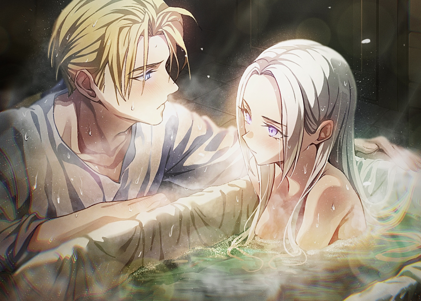 1boy 1girl bath bathtub blonde_hair blue_eyes breasts clothed_male_nude_female dimitri_alexandre_blaiddyd edelgard_von_hresvelg fire_emblem fire_emblem:_three_houses grey_hair highres lens_flare looking_at_another medium_breasts nintendo nude parted_bangs purple_eyes shirt short_hair sleeves_rolled_up soma_otakuu sweat tile_floor tiles water white_shirt