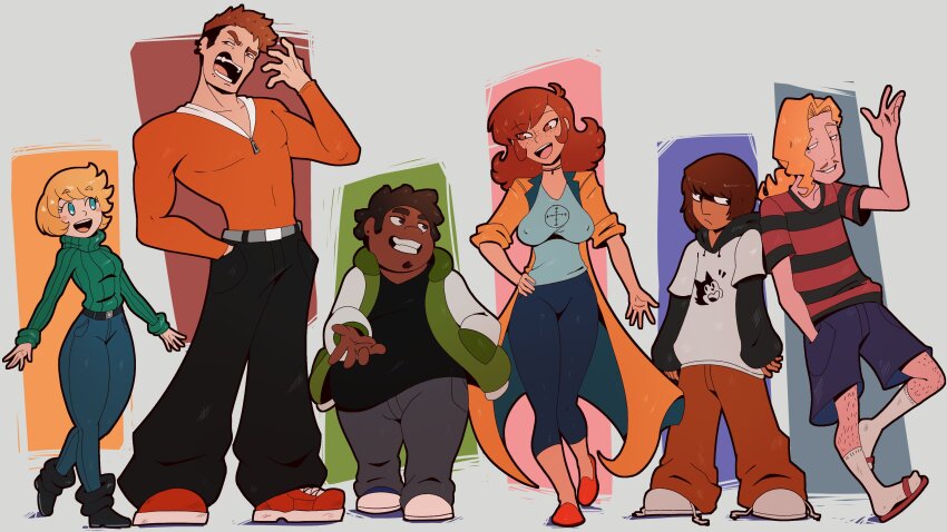 3boys 3girls absurdres belt black_belt black_pants blonde_hair blue_eyes blue_pants blue_shorts breasts brown_hair closed_mouth commentary commission dark-skinned_male dark_skin english_commentary facial_hair green_sweater grey_belt grey_pants highres leg_hair long_hair long_sleeves looking_at_another medium_hair multiple_boys multiple_girls mustache open_mouth orange_hair original pants red_sandals red_shoes sandals shirt shoes short_hair shorts smile socks spicy_bardo striped_clothes striped_shirt sweater teeth untied_shoelaces upper_teeth_only white_shoes white_socks