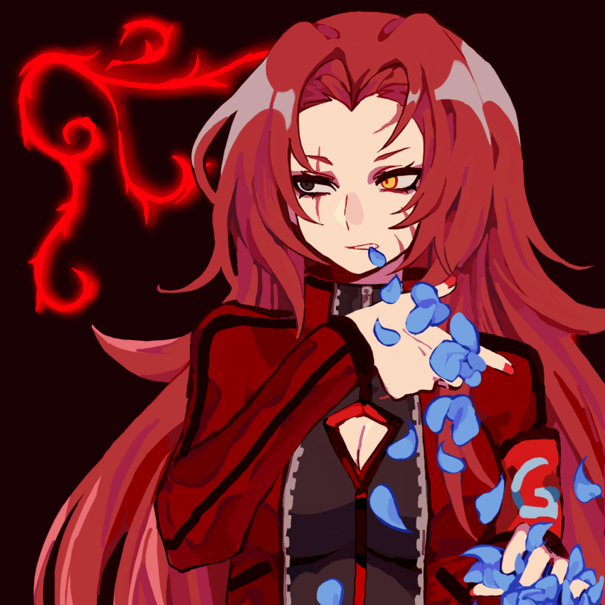 1girl armband black_background black_eyes black_shirt blue_petals breasts cleavage cleavage_cutout clothing_cutout commentary_request er_hea facial_scar gebura_(project_moon) highres jacket lobotomy_corporation long_hair long_sleeves medium_breasts open_clothes open_jacket parted_bangs petals project_moon red_armband red_hair red_jacket red_nails scar scar_across_eye scar_on_cheek scar_on_face shirt solo yellow_eyes