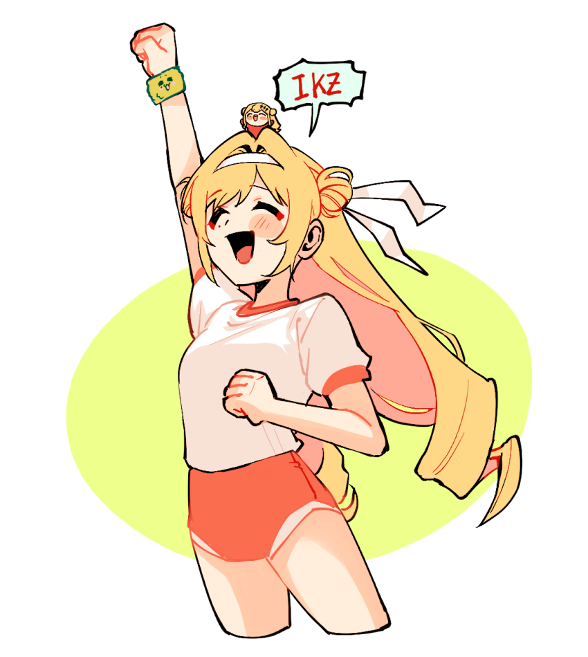1girl :d ^_^ blush buruma chibi clenched_hands closed_eyes colored_inner_hair double_bun gym_uniform hair_bun hair_intakes headband highres jagijang korean_commentary mini_person minigirl multicolored_hair nijisanji nijisanji_kr on_head open_mouth orange_shorts person_on_head pink_hair red_buruma seffyna shirt shorts smile solo_focus virtual_youtuber white_headband white_shirt wristband