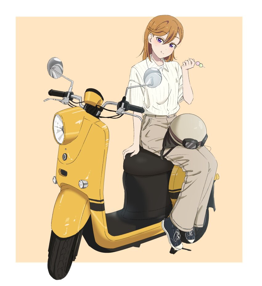 1girl absurdres black_shoes blush border brown_background brown_helmet brown_pants closed_mouth collared_shirt commentary_request dango dress_shirt eating food fujimiz full_body hair_between_eyes hand_rest helmet highres holding holding_food long_hair looking_at_viewer love_live! love_live!_superstar!! motor_vehicle on_scooter orange_hair outside_border pants pinstripe_pattern pinstripe_shirt purple_eyes sanshoku_dango scooter shibuya_kanon shirt shoes short_sleeves simple_background sitting smile sneakers solo vespa wagashi white_border white_shirt