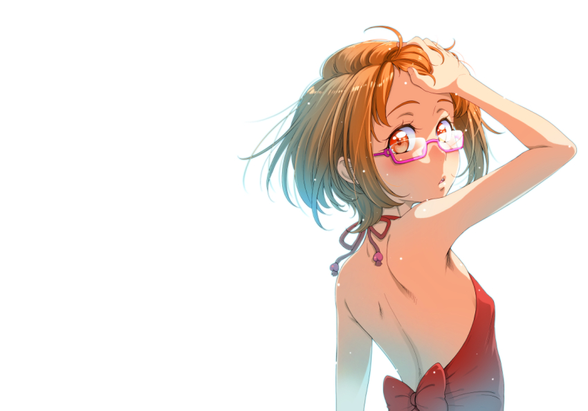 1girl arm_up backless_dress backless_outfit backlighting bare_arms brown_hair dress from_side glasses hand_in_own_hair looking_at_viewer looking_to_the_side open_mouth orange_eyes pink-framed_eyewear precure red_dress red_ribbon ribbon sakura_kotetsu semi-rimless_eyewear shirabe_ako short_hair shoulder_blades simple_background sleeveless sleeveless_dress solo suite_precure under-rim_eyewear upper_body white_background