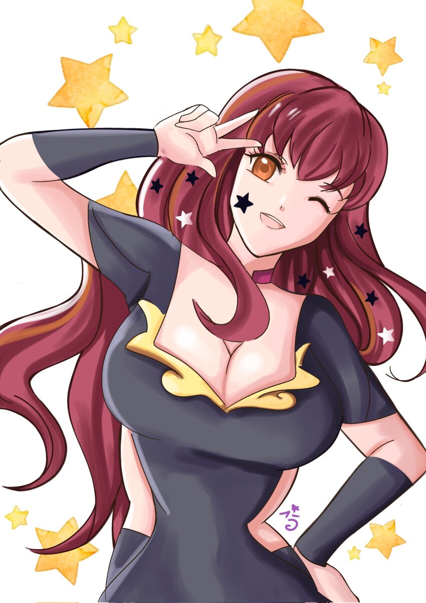 1girl ;d bodysuit breasts choker cleavage clothing_cutout facial_mark fire_emblem fire_emblem_engage hair_ornament hiarikie highres large_breasts long_hair looking_at_viewer nintendo one_eye_closed open_mouth pink_choker purple_bodysuit red_eyes red_hair side_cutout smile solo star_(symbol) star_facial_mark star_hair_ornament w yunaka_(fire_emblem)