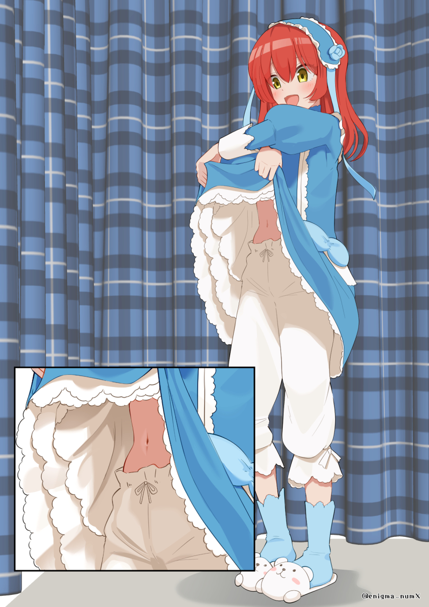 1girl :d alternate_costume animal_slippers belly bloomers blue_dress blue_headband blue_ribbon blue_socks blush bocchi_the_rock! cardcaptor_sakura changing_clothes changing_room close-up clothes_lift commentary_request commission cosplay costume_switch curtains dress dressing enigma_numx frilled_dress frills headband highres holding juliet_sleeves kinomoto_sakura kinomoto_sakura_(cosplay) kita_ikuyo lifting_own_clothes long_hair long_sleeves looking_down midriff navel on_floor open_mouth pants pixiv_commission puffy_sleeves red_hair ribbon slippers smile socks solo stomach underwear white_bloomers white_pants yellow_eyes