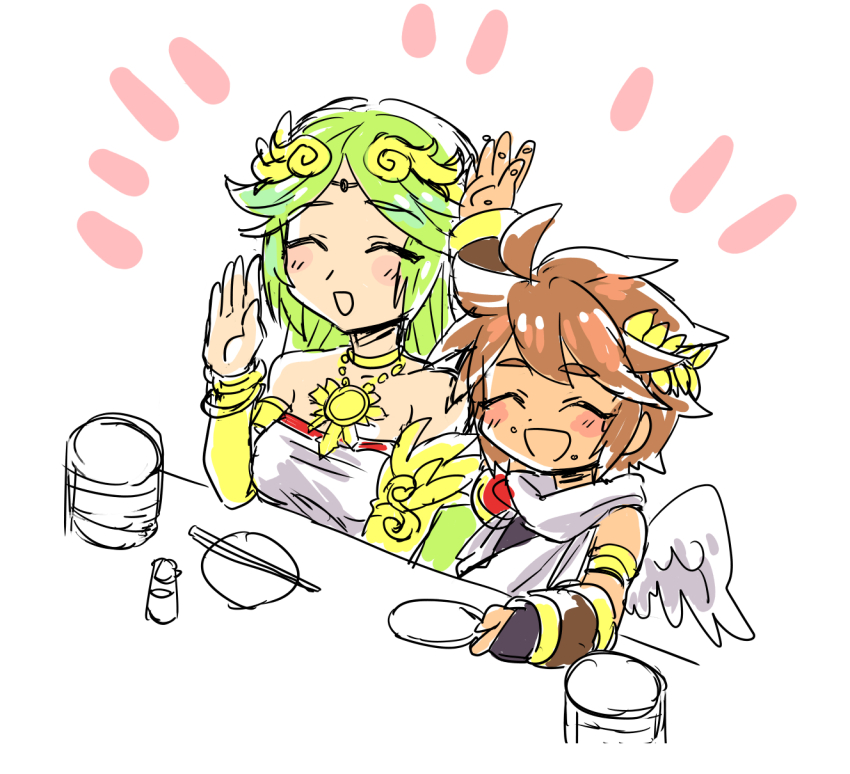 1boy 1girl angel_wings bare_shoulders brown_hair closed_eyes collarbone green_hair highres kid_icarus kid_icarus_uprising laurel_crown long_hair moenyan2 nintendo palutena pit_(kid_icarus) short_hair wings