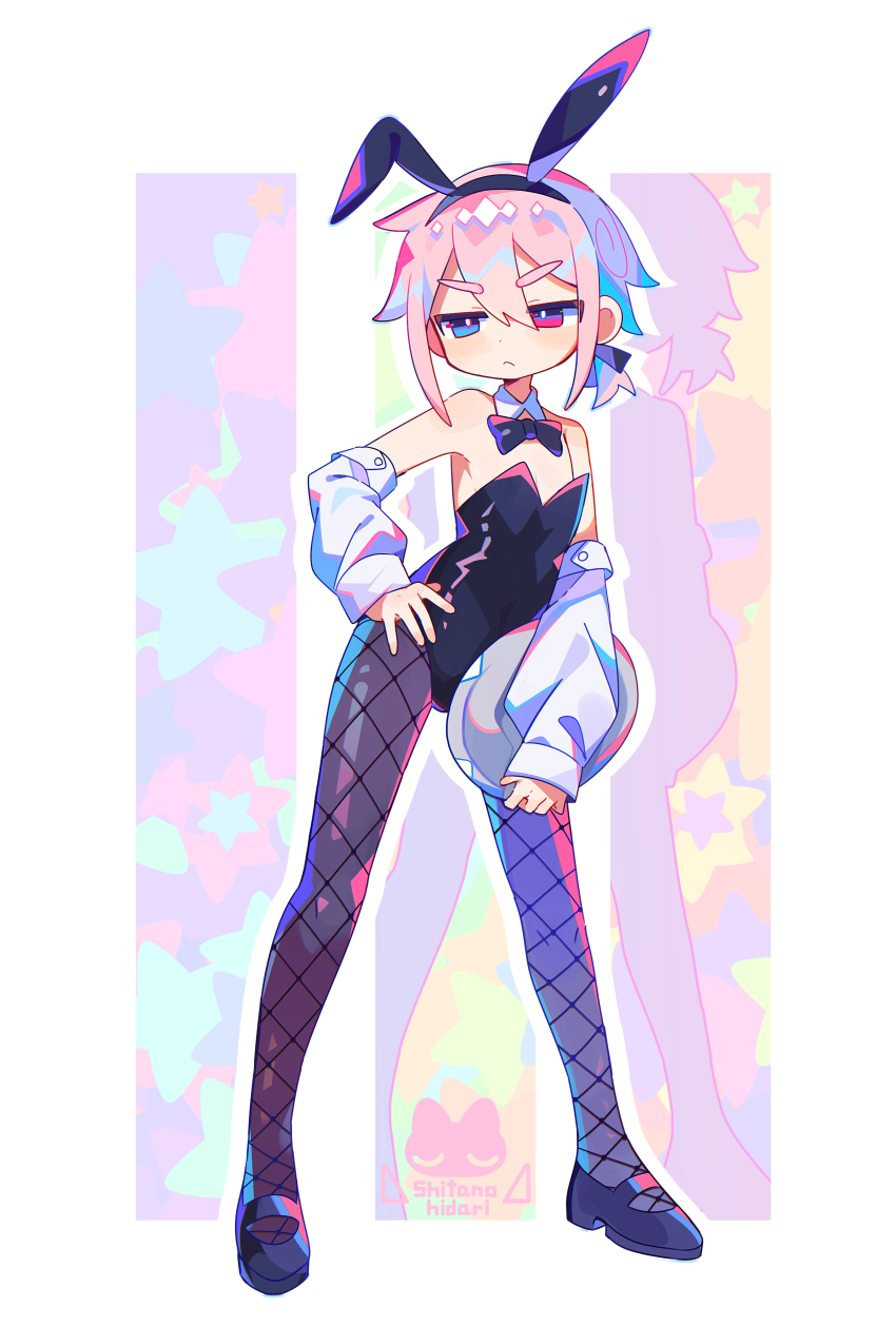 1boy absurdres animal_ears artist_name bare_shoulders black_leotard border bow bowtie bright_pupils commentary_request detached_collar detached_sleeves fake_animal_ears fishnet_pantyhose fishnets frown full_body hand_on_own_hip heterochromia highres holding holding_plate leotard logo male_focus mary_janes narrowed_eyes original pantyhose pink_hair plate playboy_bunny rabbit_ears raito-kun_(uenomigi) shoes sidelocks solo strapless strapless_leotard thick_eyebrows traditional_bowtie uenomigi v-shaped_eyebrows white_border white_pupils white_sleeves