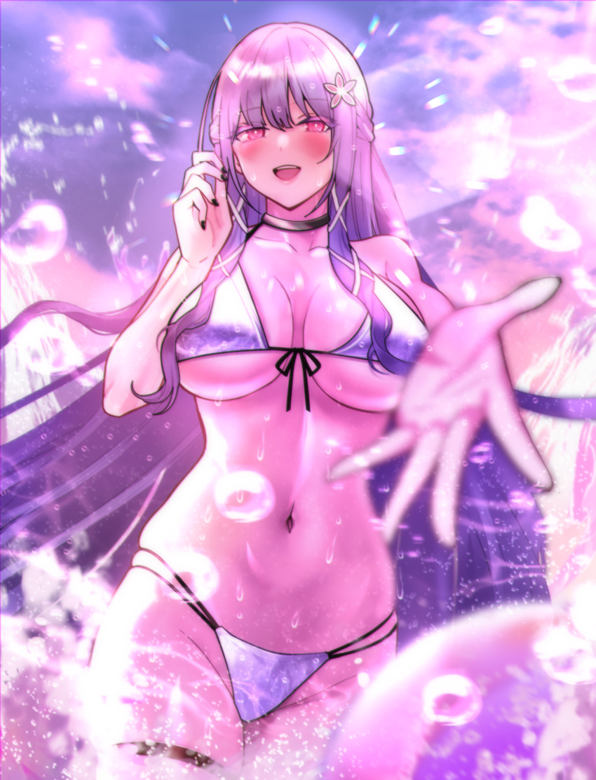 1girl :d absurdres art_undertaker ball bare_arms bare_shoulders beachball bikini black_nails blurry blush breasts breasts_apart cloud cloudy_sky collarbone commentary counter:side cowboy_shot depth_of_field fingernails flower foreshortening front-tie_bikini_top front-tie_top groin hair_flower hair_ornament half_updo halterneck hand_up highleg highleg_bikini highres large_breasts lens_flare long_fingernails long_hair looking_at_viewer multi-strapped_bikini_bottom navel open_mouth outdoors pink_eyes purple_hair purple_light purple_sky reaching reaching_towards_viewer sidelocks skindentation sky smile solo splashing stomach string_bikini swan_claire swimsuit teeth thigh_strap underboob upper_teeth_only variant_set very_long_hair water_drop wet white_bikini