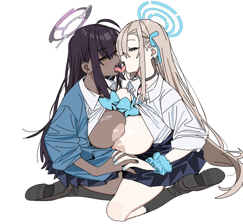 2girls :d absurdres ahoge asuna_(blue_archive) asuna_(school_uniform)_(blue_archive) black_hair black_nails black_socks blonde_hair blue_archive blue_bow blue_bowtie blue_cardigan blue_eyes blue_halo blue_nails blue_ribbon bow bowtie breast_press breasts breasts_out brown_hair cardigan choker dark-skinned_female dark_skin earrings french_kiss hair_between_eyes hair_ribbon half-closed_eyes halo highres holding_hands imamura_ryou interlocked_fingers inverted_nipples jewelry karin_(blue_archive) karin_(school_uniform)_(blue_archive) kiss kneehighs large_breasts loafers long_hair looking_at_viewer multiple_girls nipples open_mouth pleated_skirt purple_halo ribbon saliva school_uniform scrunchie seiza shirt shoes simple_background sitting skirt smile socks symmetrical_docking teeth tongue tongue_out very_long_hair wariza white_background white_shirt wrist_scrunchie yellow_eyes yuri