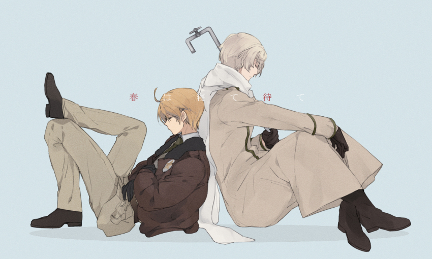 2boys ahoge america_(hetalia) axis_powers_hetalia back-to-back belt black-framed_eyewear black_belt black_boots black_gloves black_shoes blonde_hair boots brown_jacket closed_eyes closed_mouth coat crossed_arms full_body fur-trimmed_jacket fur_trim glasses gloves grey_coat grey_hair grey_jacket grey_pants hita_(hitapita) holding holding_lead_pipe jacket lead_pipe long_sleeves male_focus multiple_boys non-web_source open_clothes open_jacket pants pocket puffy_long_sleeves puffy_sleeves russia_(hetalia) scarf semi-rimless_eyewear shadow shoes short_hair simple_background sitting star_(symbol) star_print translation_request white_background white_scarf