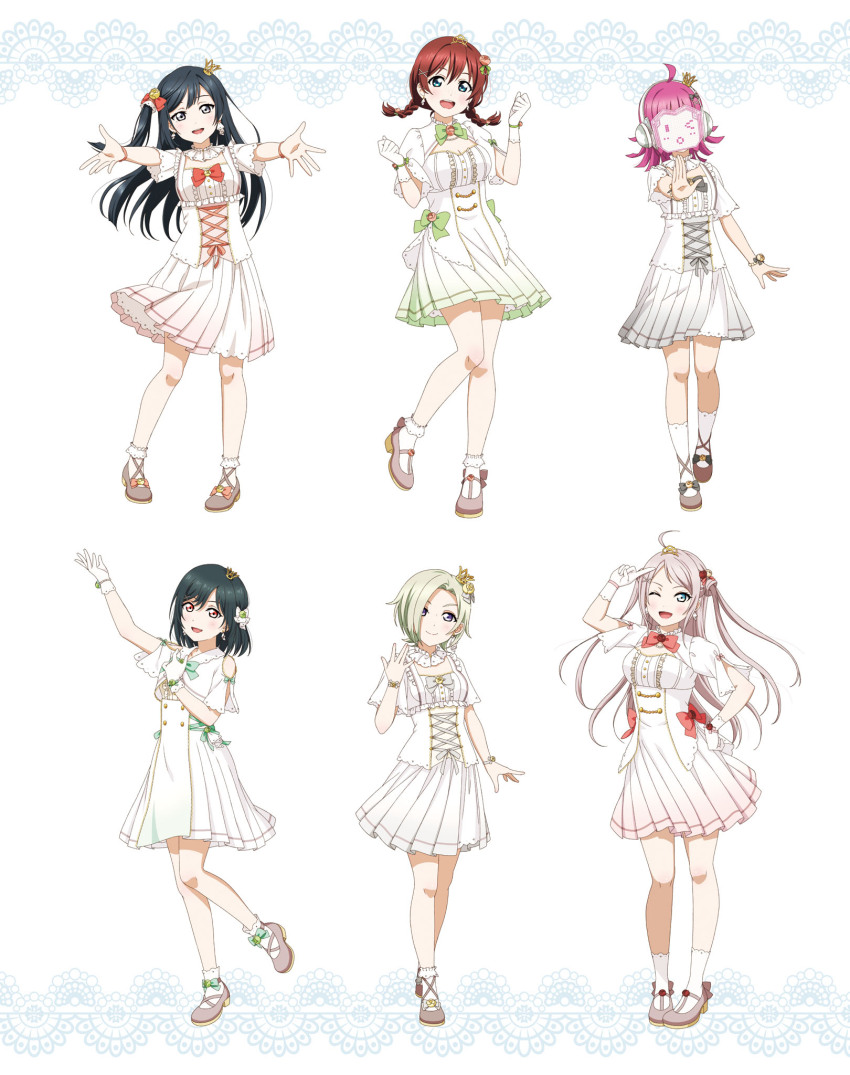 6+girls ahoge artbook black_hair blonde_hair blue_eyes bow braid breasts brown_hair dress emma_verde flower freckles gloves green_hair grey_eyes hair_ornament hair_over_one_eye highres long_hair looking_at_viewer love_live! love_live!_nijigasaki_high_school_idol_club medium_hair mia_taylor mifune_shioriko multiple_girls non-web_source official_art one_eye_closed one_side_up open_mouth pink_hair purple_eyes red_eyes ribbon rina-chan_board short_hair smile socks standing tennoji_rina twin_braids twintails white_dress white_gloves white_socks yuki_setsuna zhong_lanzhu
