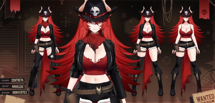 1girl artist_name black_boots black_chaps black_gloves black_hat black_jacket black_shorts black_thighhighs boots breasts bullet camisole chaps character_name cleavage closed_mouth cropped_jacket dragon_horns earrings fingerless_gloves gloves gun hair_between_eyes handgun hat hat_ornament highres holster horns jacket jewelry large_breasts long_hair nanoless navel red_camisole red_hair shorts single_fingerless_glove skull_hat_ornament thighhighs virtual_youtuber vshojo weapon zentreya