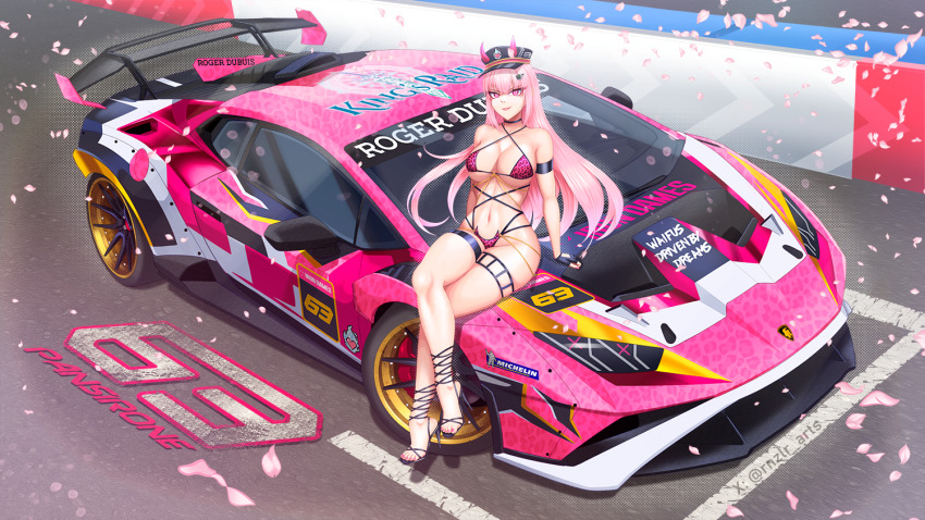 1girl animal_print bikini black_gloves black_hat breasts car character_name chromatic_aberration cleavage commission copyright_name fingerless_gloves gloves hat horns imrinzlergtz_art iron_lynx king&#039;s_raid lamborghini lamborghini_huracan lamborghini_super_trofeo leopard_print looking_at_viewer medium_breasts michelin michelin_man motor_vehicle pansirone parted_lips petals pink_bikini pink_car pink_eyes pink_hair pixiv_commission race_vehicle racecar racetrack shadow sitting skindentation smile solo spoiler_(automobile) sports_car swimsuit thigh_strap v-shaped_eyebrows vehicle_focus
