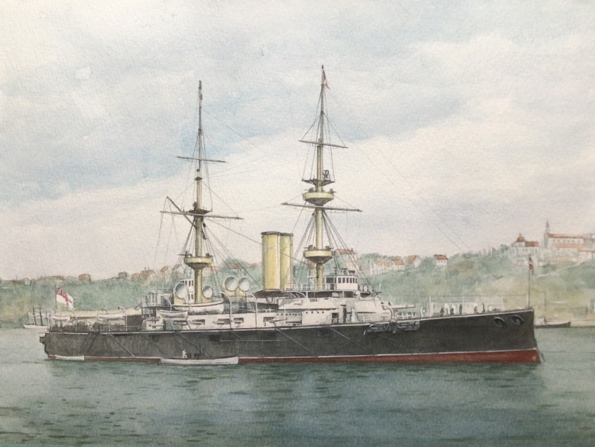 atelier_bono battleship cannon flag highres hms_renown_(1895) mast military_vehicle no_humans ocean original painting_(medium) port royal_navy ship ship_turret sky smokestack traditional_media vehicle_focus warship watercolor_(medium) watercraft