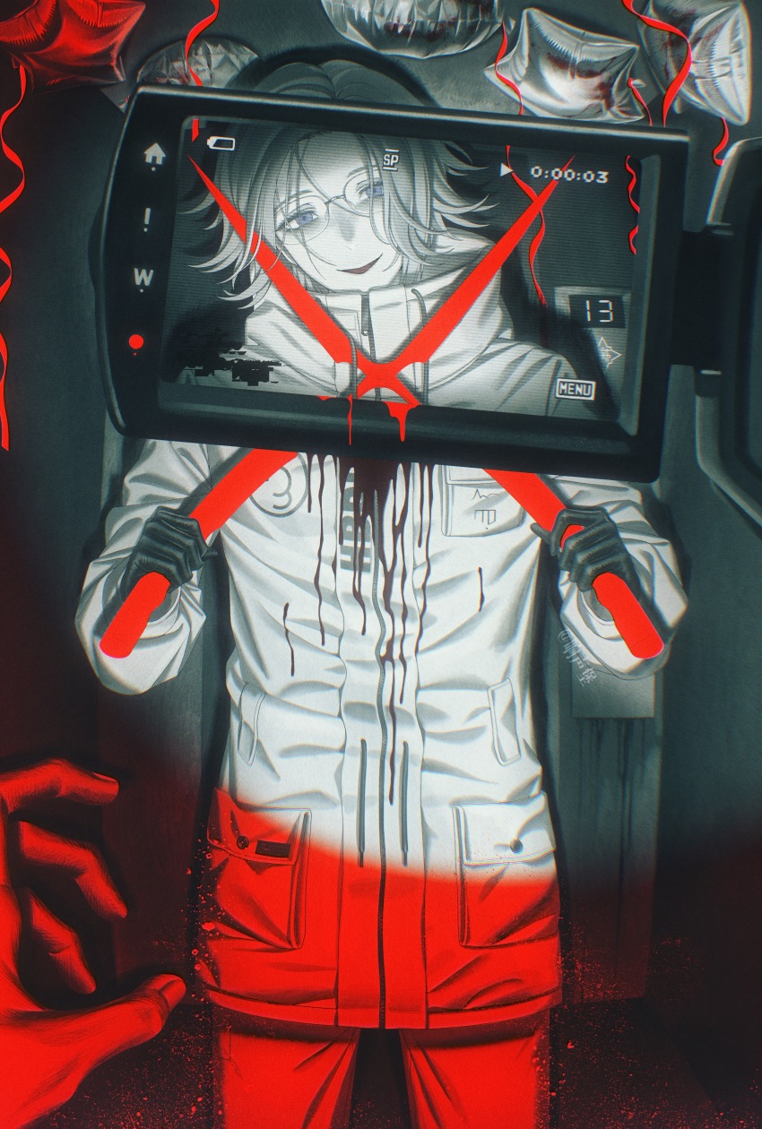 1boy 1other 7nite absurdres aotsuki_eito balloon black_gloves blood blood_on_clothes breast_pocket chinese_commentary commentary cowboy_shot english_commentary glasses gloves grey_hair head_tilt highres holding holding_scissors implied_suicide jacket looking_at_viewer male_focus mixed-language_commentary pocket pov pov_hands purple_eyes recording scissors short_hair smile solo_focus the_hundred_line_-last_defense_academy- video_camera white_jacket