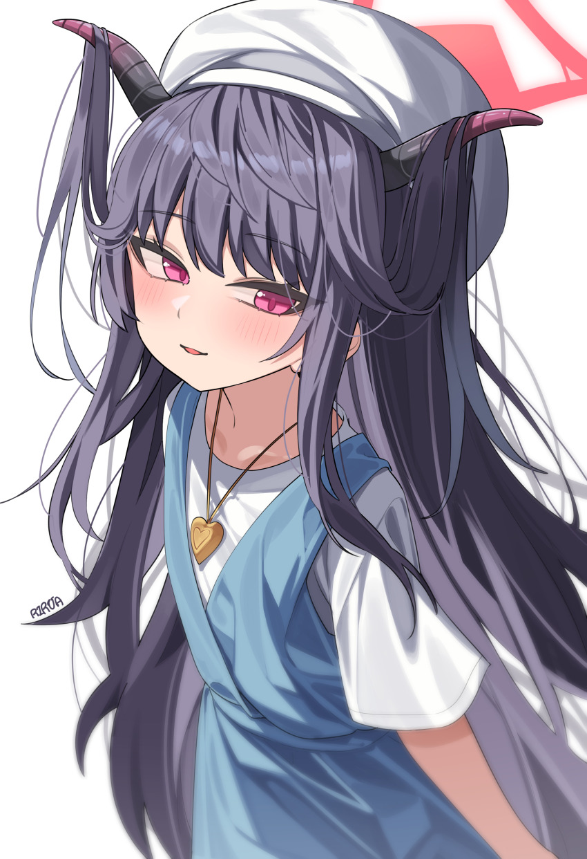1girl absurdres artist_name beret black_hair blue_archive blue_dress blush commentary_request demon_girl demon_horns dress fuuka_(blue_archive) fuuka_(casual)_(blue_archive) hair_on_horn halo hat highres horns korean_commentary long_hair looking_at_viewer official_alternate_costume official_alternate_hairstyle open_mouth red_halo rirua_(kjom802) shirt simple_background smile solo white_background white_hat white_shirt