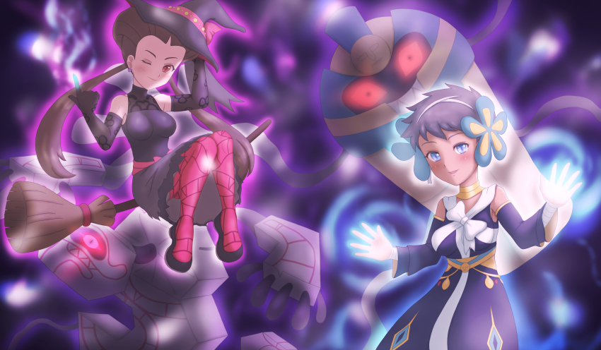 2girls absurdres arm_wrap black_footwear black_gloves blue_eyes blush breasts brown_hair cofagrigus detached_sleeves dress forest_(simise) gen_5_pokemon gen_8_pokemon gloves glowing glowing_eyes halloween hat highres looking_at_viewer medium_breasts multiple_girls nintendo official_alternate_costume one_eye_closed phoebe_(fall_2023)_(pokemon) phoebe_(pokemon) pokemon pokemon_(creature) pokemon_masters_ex red_eyes roxanne_(fall_2023)_(pokemon) roxanne_(pokemon) runerigus short_hair sleeveless sleeveless_dress witch_hat