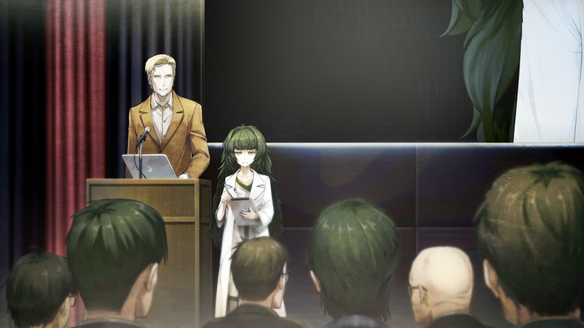 1boy 1girl 6+others alexis_leskinen artificial_intelligence bad_tag bald blonde_hair blunt_bangs brown_jacket buttons closed_mouth clothing_request coat collar collarbone collared_shirt computer crowd curtains dress flat_chest from_behind game_cg glasses green_collar green_eyes green_hair green_trim grey_dress grin height_difference highres hiyajou_maho hiyajou_maho_(salieri) holding holding_tablet_pc hood hood_down hoodie huke jacket lab_coat lapels laptop long_hair long_sleeves looking_at_another messy_hair microphone multiple_others nape non-web_source notched_lapels official_art rabbit_zipper ringed_eyes shirt short_hair smile square_pupils standing steins;gate steins;gate_0 tablet_pc thick_eyebrows very_long_hair very_short_hair white_coat white_shirt