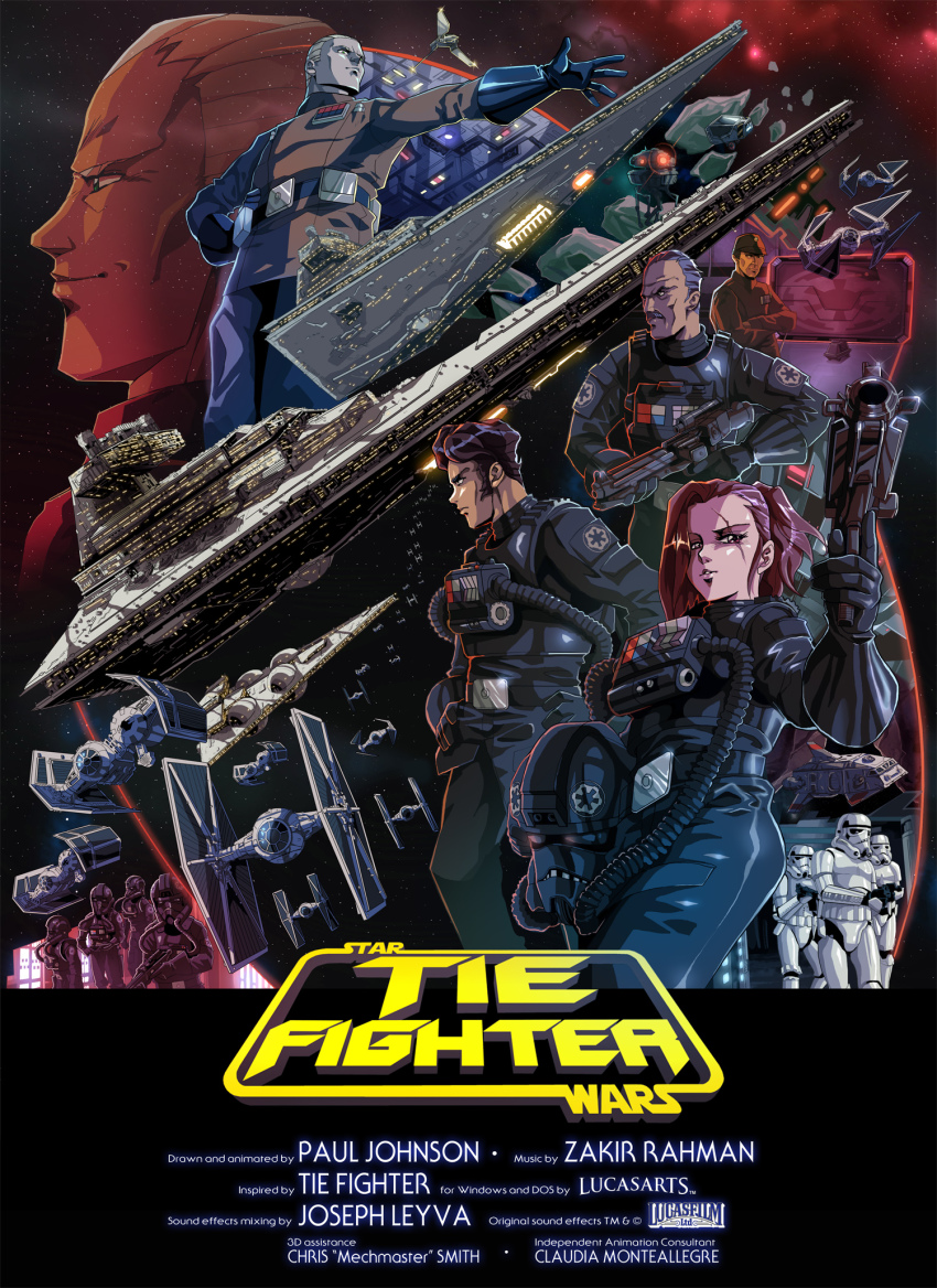 1girl animification asteroid gun handgun unworn_headwear helmet unworn_helmet highres mecha multiple_boys otaking pilot_suit poster_(medium) robot scar science_fiction space spacecraft star_destroyer star_wars starfighter stormtrooper tie_bomber tie_fighter tie_interceptor tie_pilot uniform weapon