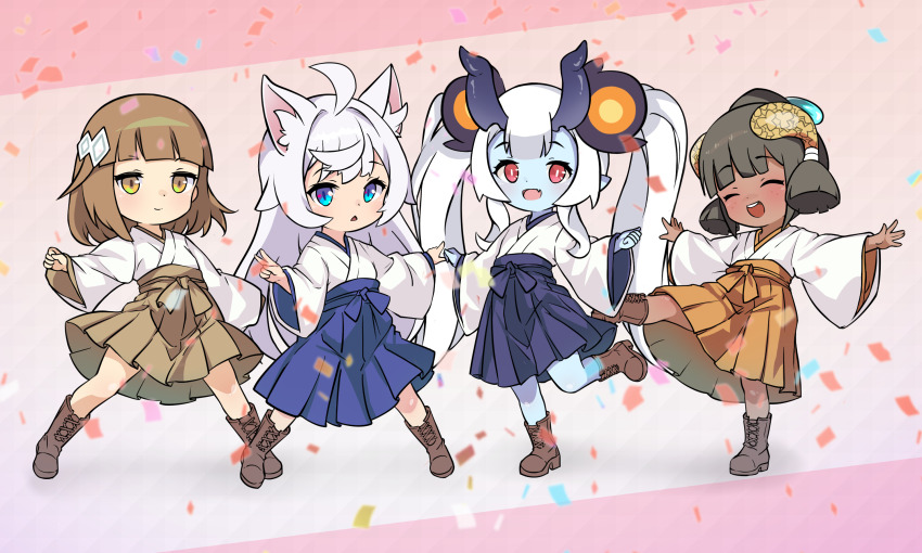 4girls arum_(world_flipper) blue_eyes blue_skirt boots brown_boots brown_hair closed_eyes closed_mouth confetti couette_(world_flipper) fang fi_nonoa_(world_flipper) hakama happy highres japanese_clothes matching_outfits multiple_girls mwm5 open_mouth outstretched_arms piamo_(world_flipper) pink_background pointy_ears red_eyes skin_fang skirt spread_arms twintails wide_sleeves world_flipper