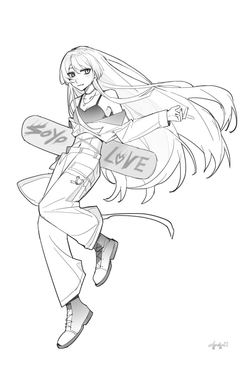 1girl absurdres bang_dream! bang_dream!_it&#039;s_mygo!!!!! blush chaluo11 chihaya_anon fang highres jacket jewelry long_hair long_sleeves necklace simple_background skateboard solo white_background