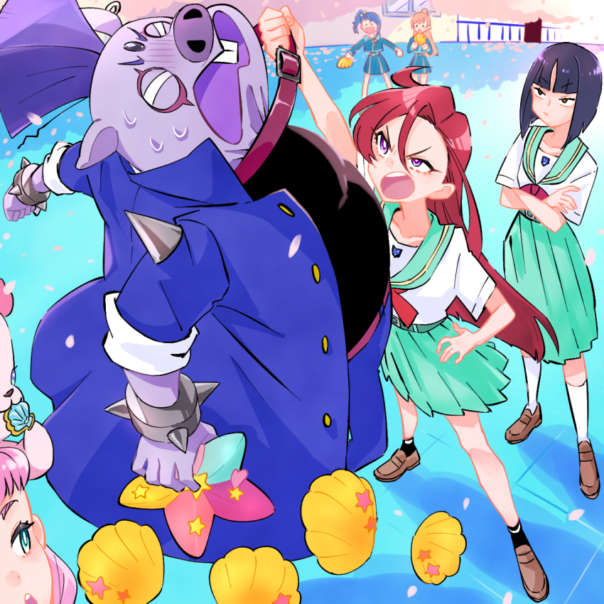1boy 5girls animal animal_collar animal_on_head aozora_middle_school_uniform aqua_sailor_collar aqua_skirt arm_up asymmetrical_bangs black_shirt black_socks blue_eyes blue_hair blue_jacket blue_skirt blunt_bangs blunt_ends bob_cut bracelet bread brown_footwear closed_mouth collar commentary crossed_arms day food frown glaring half-closed_eyes hand_on_own_hip hirogaru_sky!_precure holding holding_food in-franchise_crossover jacket jewelry kabaton_(precure) kneehighs kururun_(precure) laura_la_mer lifting_person loafers looking_at_another medium_skirt miniskirt mohawk multiple_girls neckerchief nijigaoka_mashiro on_head open_mouth outdoors petals pink_hair pleated_skirt precure purple_eyes purple_hair red_hair red_neckerchief sailor_collar school_uniform shiratori_yuriko shirt shoes short_sleeves side_ponytail skirt socks sora_harewataru sorashido_academy_school_uniform spiked_bracelet spikes takizawa_asuka ton_(ton39342104) tropical-rouge!_precure v-shaped_eyes white_shirt white_socks