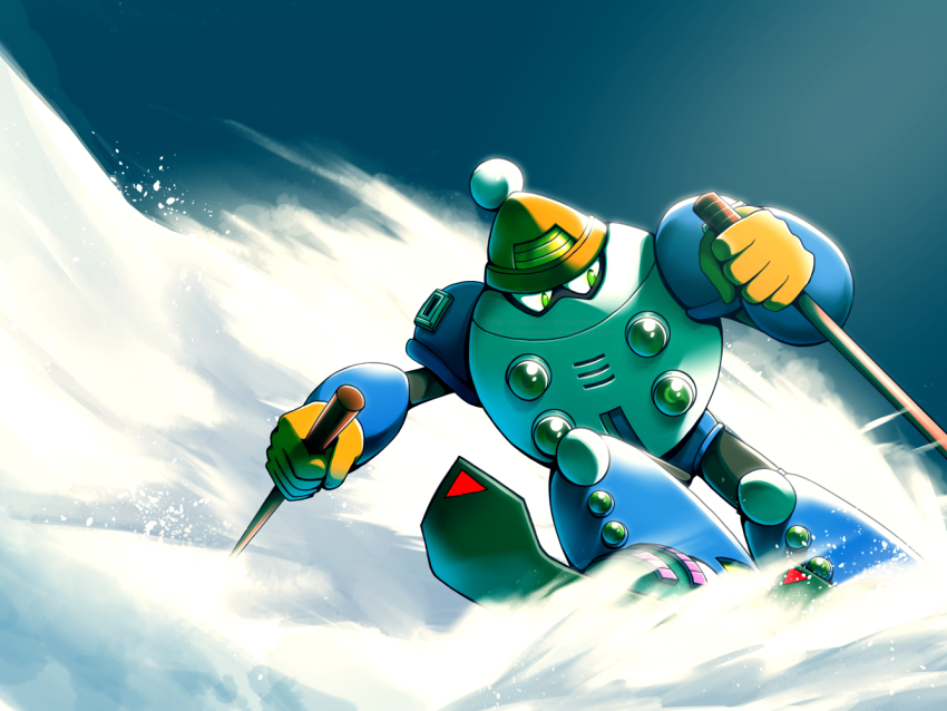 1boy blizzard_man commentary day english_commentary full_body green_eyes hat holding_ski_pole imbisibol male_focus mega_man_(classic) mega_man_(series) mega_man_6 no_humans no_mouth outdoors robot ski_pole skiing snow solo