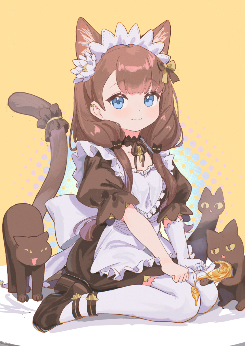 1girl :3 alternate_costume alternate_hairstyle animal_ears ankh ankh_necklace apron arknights asymmetrical_bangs black_cat black_choker black_dress black_shoes blue_eyes brown_hair cat cat_ears cat_girl cat_tail chack520 choker closed_mouth dress flower frilled_apron frilled_choker frills full_body gloves hair_flower hair_ornament hair_ribbon halftone halftone_background hands_on_own_thighs highres long_hair looking_at_viewer maid maid_apron maid_headdress pepe_(arknights) puffy_sleeves ribbon shoes short_sleeves single_glove sitting smile syrup tail thighhighs wariza white_flower white_thighhighs yellow_background