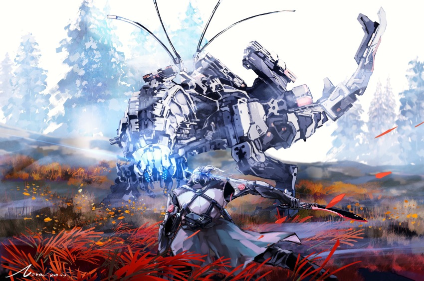 1boy black_coat blue_eyes blurry blurry_background chest_harness coat commentary crossover english_commentary extra_eyes faceoff fighting_stance glowing glowing_eyes grasslands grey_hair half_updo harness highres holding holding_weapon horizon_(video_game) horizon_zero_dawn hunting knife_sheath machete male_focus mechabare mechanical_arms medium_hair missile_pod nnnnnova non-humanoid_robot on_grass pine_tree procreate_(medium) punishing:_gray_raven radio_antenna robot robot_animal sheath thunderjaw_(horizon) tree watanabe:_nightblade_(pgr) watanabe_(pgr) weapon