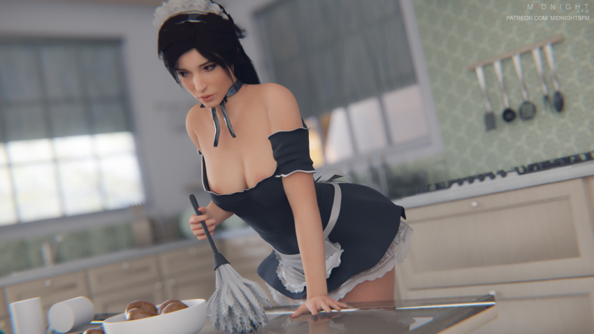 1girl 3d alternate_costume apron areola_slip bent_over breasts chromatic_aberration cleavage duster enmaided feather_duster female_focus headdress highres indoors kitchen lara_croft maid maid_apron maid_headdress midnightsfm nipples no_bra ponytail realistic solo source_request table tomb_raider tomb_raider_(reboot)