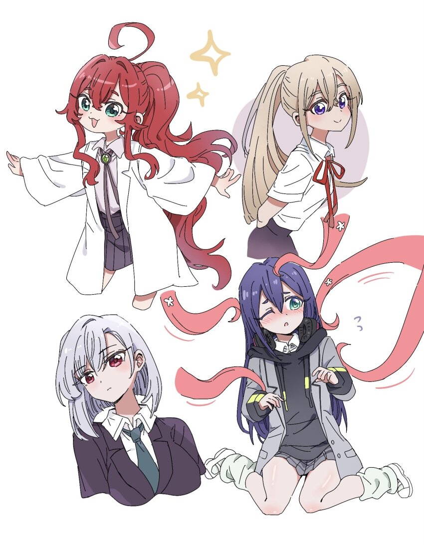 4girls alternate_hair_length alternate_hairstyle blonde_hair blush bob_cut breasts dalidari27 eiai_nano female_focus flat_chest highres kimi_no_koto_ga_dai_dai_dai_dai_daisuki_na_100-nin_no_kanojo long_hair medium_breasts medium_hair multiple_girls pleated_skirt ponytail red_hair sidelocks simple_background sitting skirt sutou_iku upper_body wariza wavy_hair white_background yakuzen_kusuri yoshimoto_shizuka