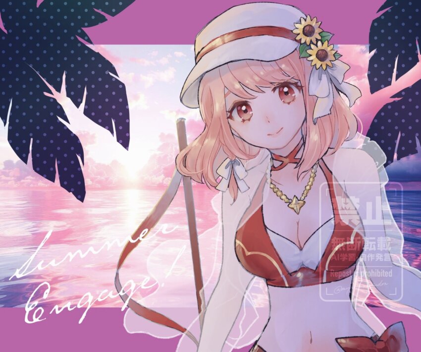 bikini breasts fire_emblem fire_emblem_engage fire_emblem_heroes flat_cap flower hat highres holding_harpoon jacket lapis_(fire_emblem) lapis_(forager_of_the_sea)_(fire_emblem) medium_breasts multicolored_bikini myuki_negiudon nintendo official_alternate_costume pink_eyes pink_hair red_bikini sunflower swimsuit white_hat white_jacket