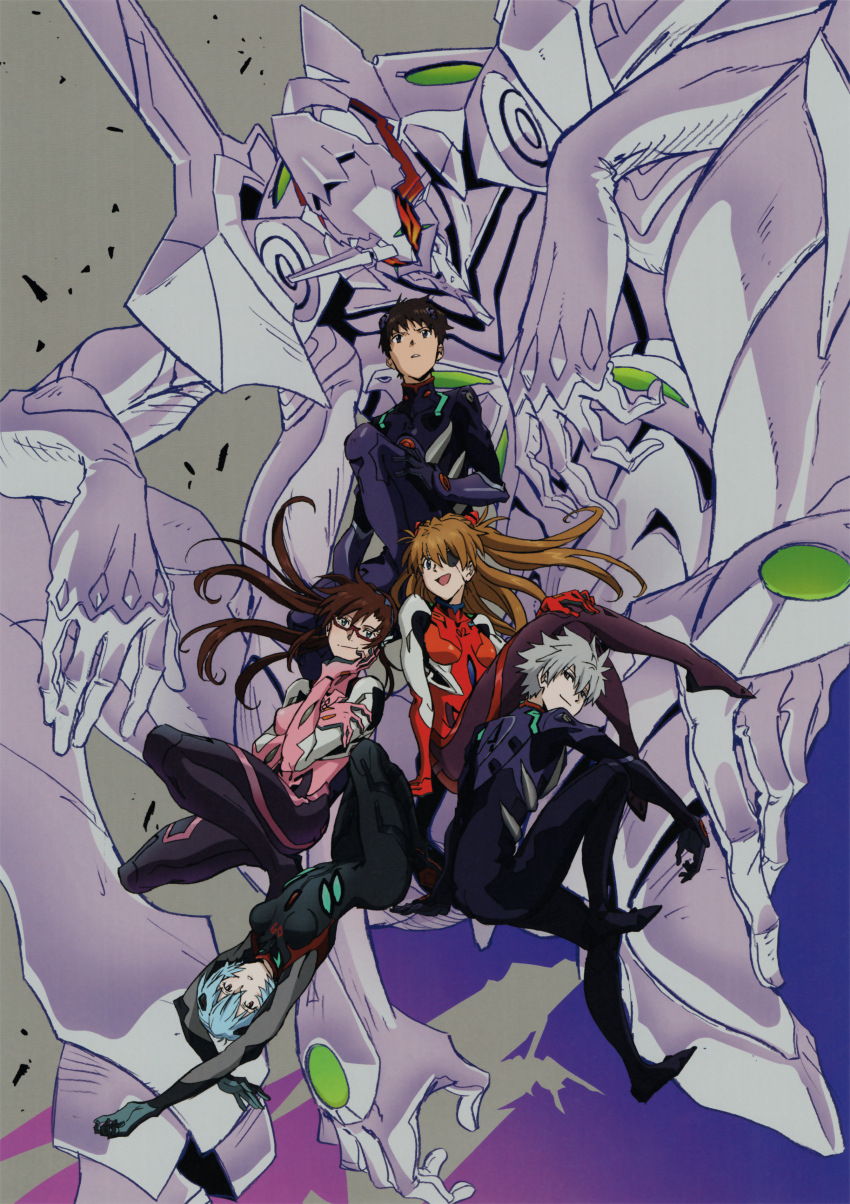 2boys 3girls absurdres arms_behind_back artist_request ayanami_rei blue_eyes bodysuit breasts brown_hair curvy eva_13 evangelion:_3.0_you_can_(not)_redo extra_arms eyepatch floating_hair hair_ornament hairband highres ikari_shinji long_hair low_twintails lying makinami_mari_illustrious mecha mecha_pilot_suit multiple_boys multiple_girls nagisa_kaworu neon_genesis_evangelion official_art plugsuit_(evangelion) rebuild_of_evangelion red_eyes robot shiny_clothes short_hair simple_background sitting size_difference skin_tight smile souryuu_asuka_langley standing translation_request twintails two_side_up