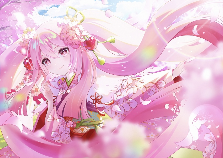 1girl ava_illust blush cherry_blossom_print cherry_blossoms cherry_hair_ornament closed_mouth cloud cloudy_sky floral_print flower food-themed_hair_ornament hair_between_eyes hair_flower hair_ornament hatsune_miku japanese_clothes kimono long_hair looking_at_viewer pink_eyes pink_flower pink_hair pink_kimono pink_nails sakura_miku sky smile solo twintails very_long_hair vocaloid