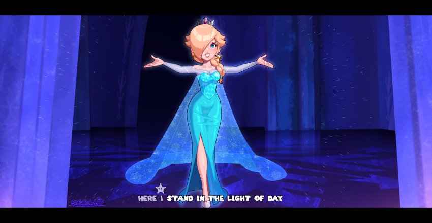 1girl absurdres artist_name blonde_hair blue_cape blue_eyes braid cape collarbone commentary cosplay crown dress earrings elsa_(frozen) elsa_(frozen)_(cosplay) english_commentary english_text eyelashes frozen_(disney) full_body hair_over_one_eye highres jewelry long_bangs long_hair long_sleeves looking_at_viewer mario_(series) nintendo off-shoulder_dress off_shoulder parody rosalina sarukaiwolf see-through_cape solo star_(symbol) star_earrings