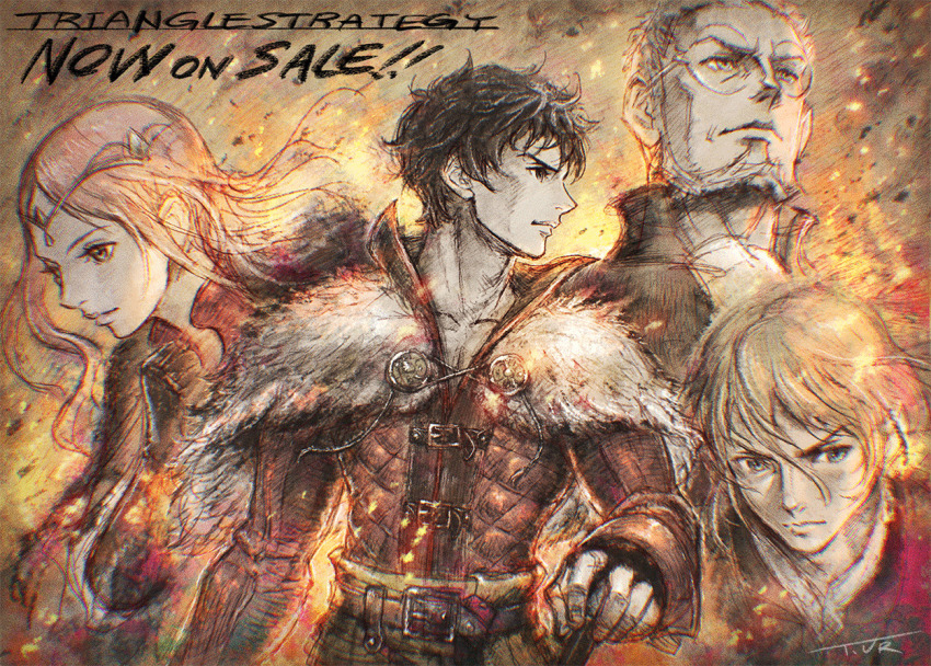 1girl 3boys belt benedict_pascal black_hair blonde_hair capelet copyright_name diadem english_text frederica_aesfrost fur_capelet glass gloves long_hair looking_afar looking_to_the_side multiple_boys official_art old old_man pink_hair roland_glenbrook serenoa_wolffort signature square_enix triangle_strategy upper_body urushihara_(square_enix) white_hair