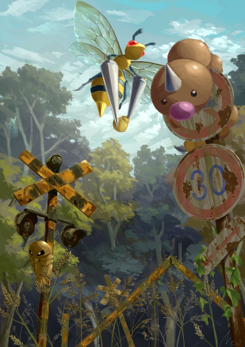 absurdres beedrill berry_(pokemon) cloud commentary day evolutionary_line flying gen_1_pokemon highres holding kakuna king_joe_(neoroto) nintendo no_humans outdoors pokemon pokemon_(creature) red_eyes sign sitrus_berry sky tree weedle