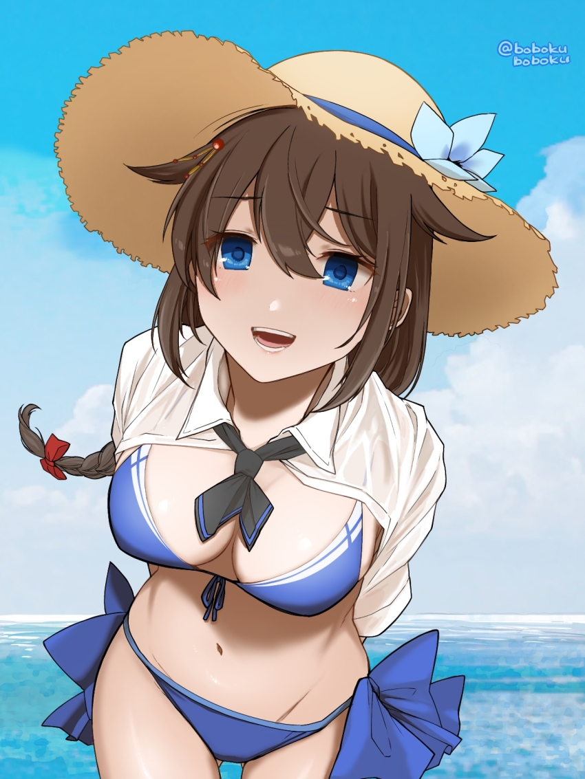 1girl arms_between_legs bikini blue_bikini blue_sky bobokuboboku braid breasts brown_hat cleavage cloud collared_shirt commentary_request day dress_shirt front-tie_bikini_top front-tie_top hair_flaps hat highres kantai_collection large_breasts navel official_alternate_costume open_clothes open_mouth open_shirt outdoors shigure_(kancolle) shigure_kai_san_(kancolle) shigure_kai_san_(swimsuit)_(kancolle) shirt side-tie_bikini_bottom single_braid sky smile solo straw_hat sun_hat swimsuit teeth upper_teeth_only white_shirt