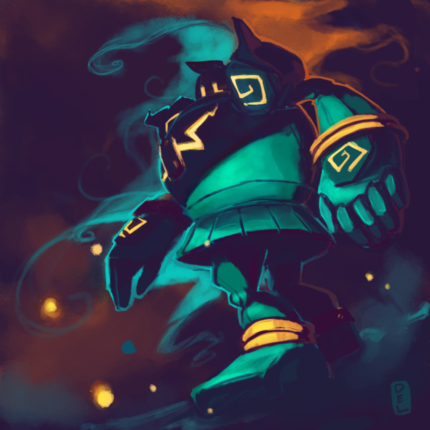 commentary creature dark delano-laramie english_commentary full_body gen_5_pokemon golurk highres nintendo no_humans pokemon pokemon_(creature) signature solo standing yellow_eyes