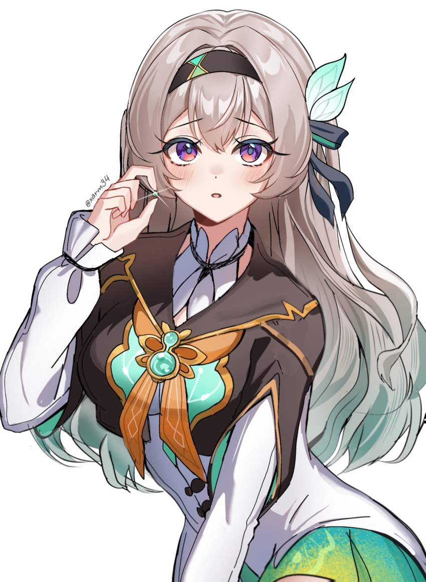 1girl :o absurdres black_hairband blue_pupils blush collared_dress cropped_jacket devl_ga_aru dress firefly_(honkai:_star_rail) hair_between_eyes hair_intakes hair_ornament hair_ribbon hairband highres honkai:_star_rail honkai_(series) long_hair long_sleeves multicolored_eyes multicolored_hair neckerchief open_mouth orange_neckerchief pinching_gesture ribbon simple_background twitter_username white_background