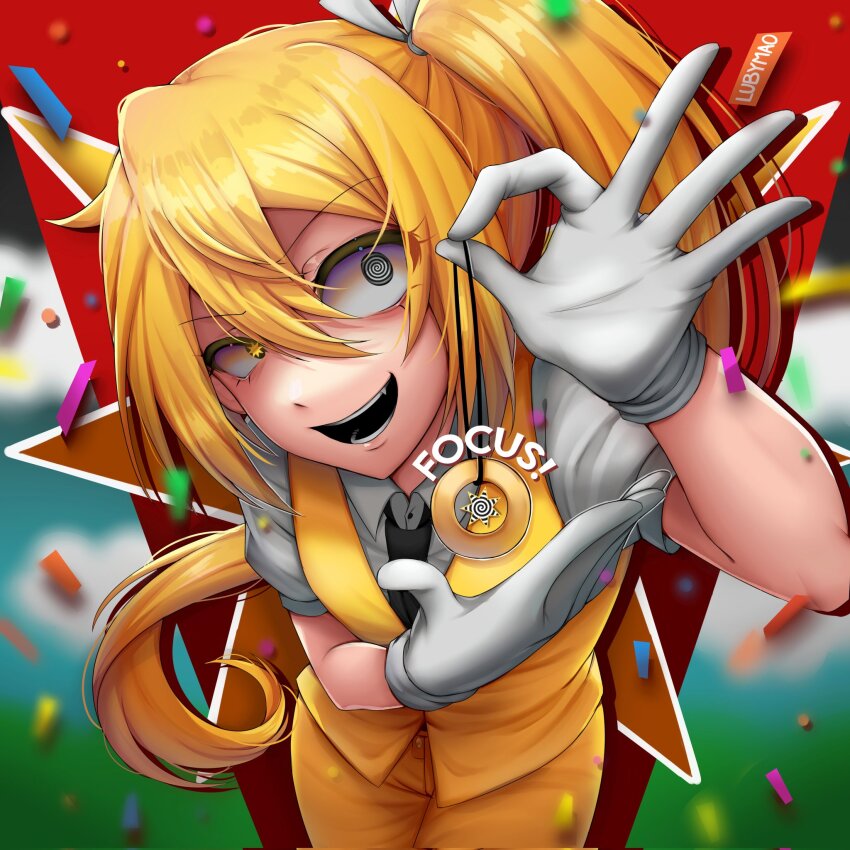1girl @_@ akita_neru alternate_costume black_necktie blonde_hair blue_background cloud collared_shirt commentary confetti english_commentary fang gloves green_background hair_between_eyes hair_ribbon hands_up highres holding holding_pendulum jacket long_hair looking_at_viewer lubymaoo mesmerizer_(vocaloid) mismatched_pupils necktie open_mouth pants pendulum red_background ribbon shirt short_sleeves side_ponytail sleeveless sleeveless_jacket solo spanish_commentary teeth vocaloid white_gloves white_ribbon white_shirt wing_collar yellow_background yellow_eyes yellow_jacket yellow_pants