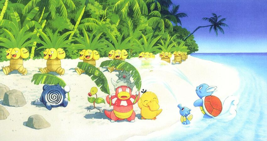 beach bellsprout blue_sky closed_eyes day exeggutor fangs fukuyama_keiko game_freak gen_1_pokemon gen_2_pokemon holding horsea multiple_heads nintendo no_humans official_art open_mouth outdoors palm_leaf palm_tree pokemon pokemon_(creature) pokemon_focus pokemon_tcg poliwhirl psyduck red_eyes rock sand sitting sky slowking third-party_source tree wading wartortle water