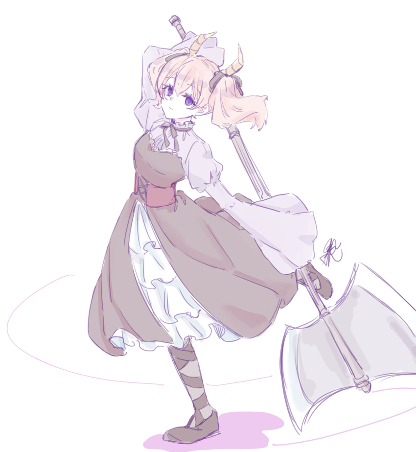 1girl absurdres axe black_bow black_dress black_shoes bow breasts brown_hair colored_shadow demon_horns double-sided_axe dress full_body grey_pantyhose hair_bow highres holding holding_axe horns juliet_sleeves linie_(sousou_no_frieren) long_sleeves pantyhose pleated_dress puffy_sleeves purple_shirt seila_rei shadow shirt shoes simple_background sleeves_past_fingers sleeves_past_wrists small_breasts solo sousou_no_frieren standing standing_on_one_leg twintails white_background wide_sleeves