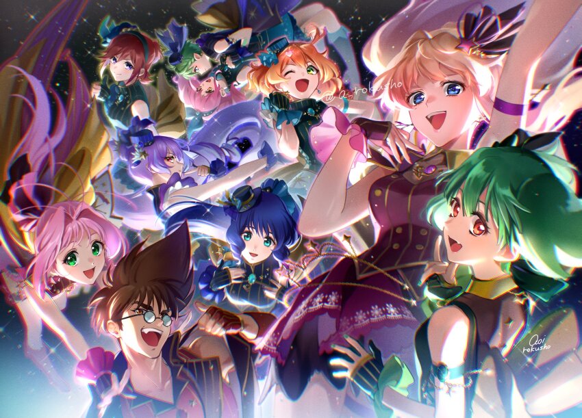 1boy 6+girls ahoge aoi_rokushou blonde_hair blue_eyes blue_hair blush bow breasts brown_eyes brown_hair cleavage dress earrings floating_hair freyja_wion glasses green_eyes green_hair hair_between_eyes hair_bow hair_intakes hair_ornament heart heart_hair_ornament highres holding jewelry kaname_buccaneer large_breasts long_hair looking_at_viewer lynn_minmay macross macross:_do_you_remember_love? macross_7 macross_delta makina_nakajima microphone mikumo_guynemer multicolored_hair multiple_girls mylene_jenius nekki_basara official_alternate_costume open_mouth orange_hair pink_hair pointy_ears purple_hair ranka_lee red_eyes red_hair reina_prowler round_eyewear sheryl_nome shirt short_hair skirt smile spiked_hair thighhighs twintails two-tone_hair uta_macross_sumaho_deculture very_long_hair walkure_(macross_delta)