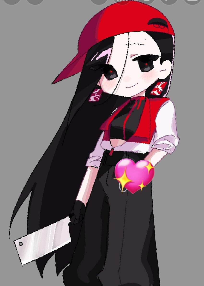 1girl backwards_hat baseball_cap black_eyes black_gloves black_hair black_pants black_shirt butcher_vanity_(synthesizer_v) crop_top earrings emoji gloves grey_background hat heart highres holding holding_knife jacket jewelry knife long_hair looking_at_viewer pants red_hat red_pupils red_trim shirt smile standing synthesizer_v ufdjcalr very_long_hair vimalion_pro white_jacket yi_xi_(synthesizer_v)