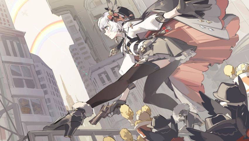 1girl bird black_gloves black_thighhighs bow city cloak dada_(relive_project) gloves grey_eyes grey_hair gun hair_bow hair_ornament handgun hat high_heels holding holding_gun holding_weapon relive_project revolver skirt solo tennohi thighhighs trigger_discipline virtual_youtuber weapon