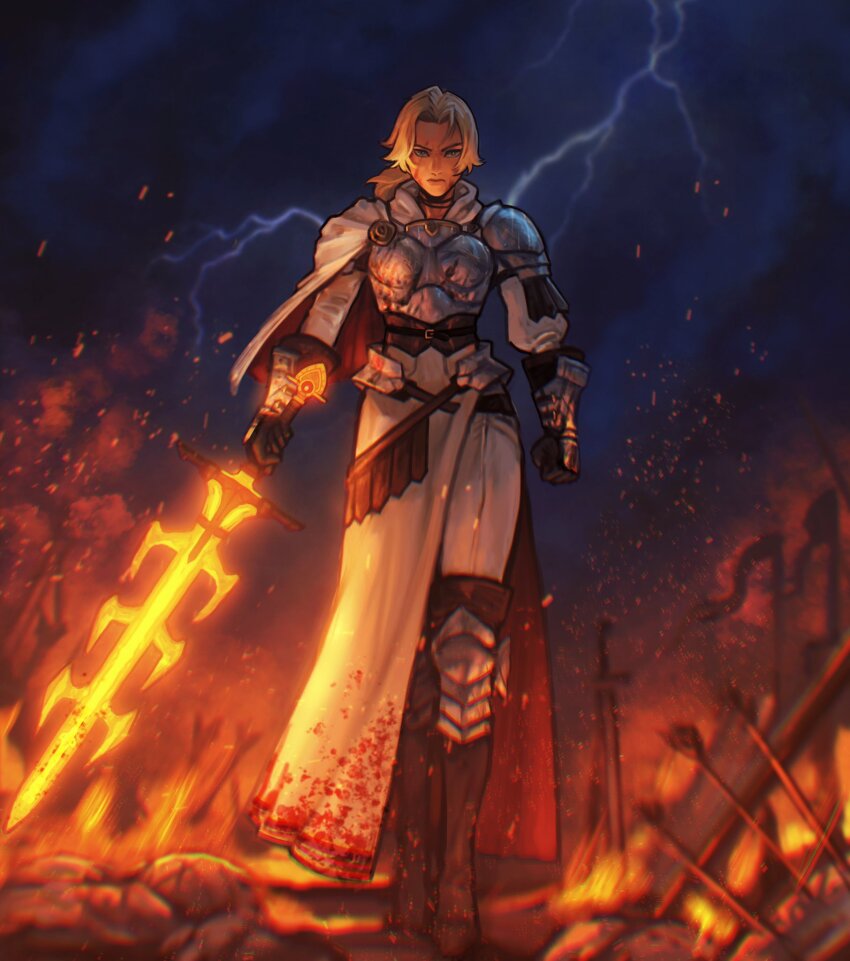 1girl armor black_boots blonde_hair blood blood_on_clothes blood_on_face boots breastplate cape catherine_(fire_emblem) closed_mouth commentary dark-skinned_female dark_skin english_commentary fire fire_emblem fire_emblem:_three_houses full_body gauntlets glowing glowing_sword glowing_weapon grey_eyes highres holding holding_sword holding_weapon lightning long_hair looking_at_viewer night night_sky nintendo outdoors pants pauldrons ponytail serious sethkiel shoulder_armor sky solo sword weapon white_pants
